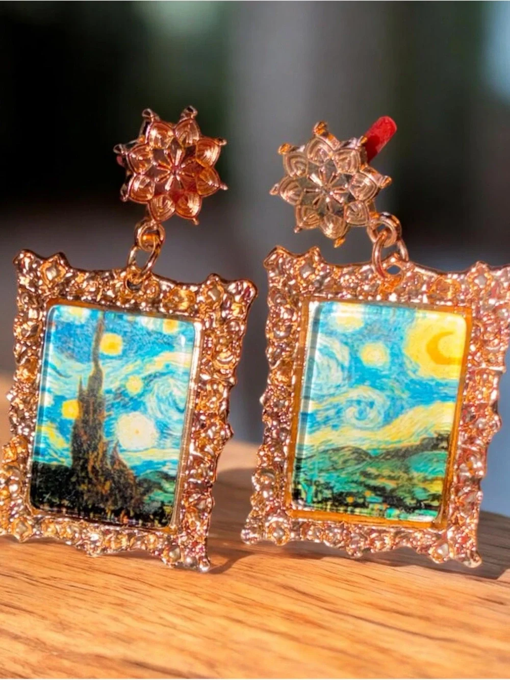 SHEIN Gold-Tone Starburst Framed 'Starry Night' Drop Earrings